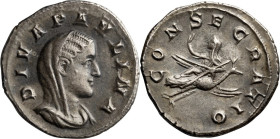 Paulina, Diva. Denarius; Paulina, Diva; 236 AD, Denarius, 3.08g. RIC-2, C-2, BM-127. Obv: DIVA PAVLINA Bust draped, veiled r. Rx: CONSECRATIO Paulina ...