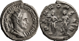 Trajan Decius. Antoninianus; Trajan Decius; 249-251 AD, Rome, Antoninianus, 4.33g. RIC-21. Obv: Radiate bust right Rx: The two Pannoniae, both veiled,...
