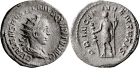 Hostilian as Augustus. Antoninianus; Hostilian as Augustus; 251 AD, Rome, Antoninianus, 3.35g. RIC-182. Obv: Radiate bust r. Rx: Hostilian, in militar...