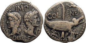 Augustus and Agrippa. AE 25; Augustus and Agrippa; Nemausus, Gallia, 10-14 AD, AE 25, 12.92g. RPC-525, RIC-160. Obv: IMP DIVI F P P, back to back head...