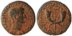 Tiberius. (20-21 AD). Æ Dupondius. Syria. Commagene. Obv: TI CAESAR DIVI AVGVSTI F AVGVSTVS. laureate bust of Tiberius right. Rev: PONT MAXIM COS III ...