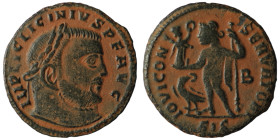 Licinius I. (317-320 AD). Follis. Siscia. Obv: IMP LICINIVS PF AVG. laureate bust of Licinius right. Rev: IOVI CONSERVATORI. Jupiter standing and hold...