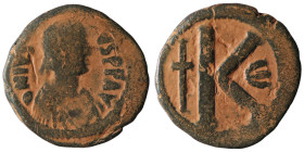 Justin I. (518-527 AD) Æ 1/2 Follis.Obv: D N IVSTINVS P P AVG. diademed bust right. Rev: K. artificial sandpatina. 28mm, 7,57g