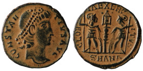 Constans. (346-349 AD). Æ Follis. Antioch. Obv: DN FL CONSTANS PF AVG. pearl-diademed bust of Constans right. Rev: GLORIA EXERCITVS. two soldiers hold...