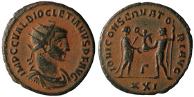 Diocletian. (285 AD). Æ Antoninian. Antioch. Obv: IMP C M AVR VAL DIOCLETIANVS P F AVG. radiate cuirassed bust of Diocletian right. Rev: IOV ET HERCV ...