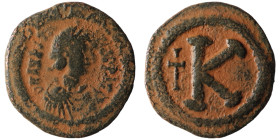 Anastasius I. (491-518 AD). 1/2 Follis. Constantinople. Obv: D N ANASTAIUS P P AVG. diademed bust of Anastasius right. Rev: cross and K. artificial sa...