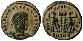 Constantinus II. (330-333 AD). Æ Follis. Antioch. Obv: FL IVL CONSTANTINVS NOB C. laureate bust of Constantinus II. left. Rev: GLORIA EXERCITVS. two s...