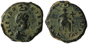 Aelia Eudoxia. (401-403 AD). Follis. Antioch. Obv: AEL EVDOXIA AVG. Pearl-diademed, draped bust right with necklace. Rev: SALVS REI PVBLICAE. Empress ...