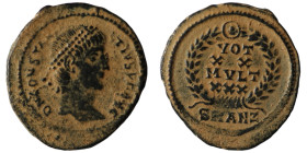 Constans. (347-348 AD). Æ Follis. Antioch. Obv: D N CONSTANS P F AVG. pearl-diademed bust of Constans right. Rev: VOT / XX / MVLT / XXX. In wreath. ar...