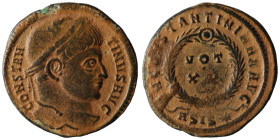 Constantinus I. (307-337 AD). Follis. Siscia. Obv: CONSTANTINVS AVG. laureate bust of Constantinus right. Rev: DN CONSTANTINVS MAX AVG / VOT XX. In wr...