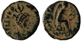 Aelia Eudoxia. (401-403 AD). Follis. Antioch. Obv: AEL EVDOXIA AVG. Pearl-diademed, draped bust right with necklace. Rev: SALVS REI PVBLICAE. Empress ...