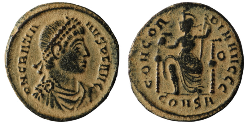 Gratian. (367-383 AD). Æ Follis. Constantinople. Obv: D N GRATIANVS P F AVG. pea...