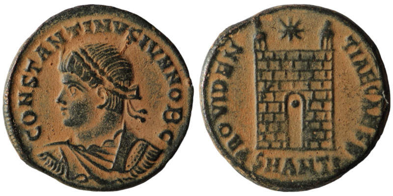 Constantinus II. (333-334 AD). Follis. Antioch. Obv: CONSTANTINVS IVN NOB C. lau...