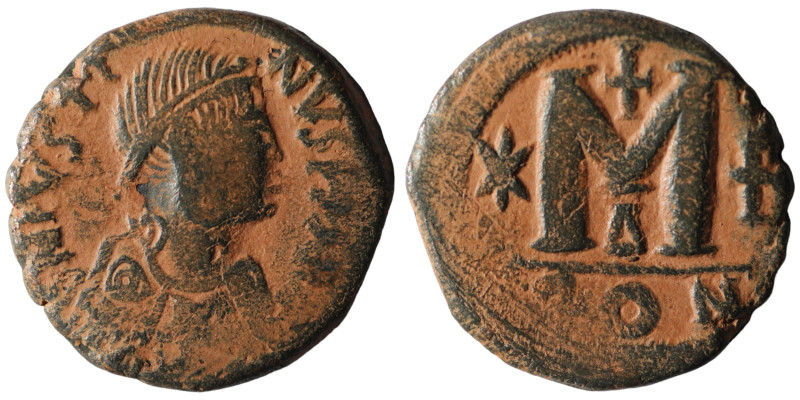 Justin I. (518-527 AD) Æ Follis. Constantinople. Obv: D N IVSTINVS P P AVG. diad...