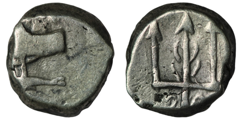 Thrace. Byzantion. (387-340 BC) AR Hemidrachm. Obv: Forepart of bull left over d...