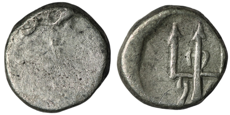 Thrace. Byzantion. (387-340 BC) AR Hemidrachm. Obv: Forepart of bull left over d...