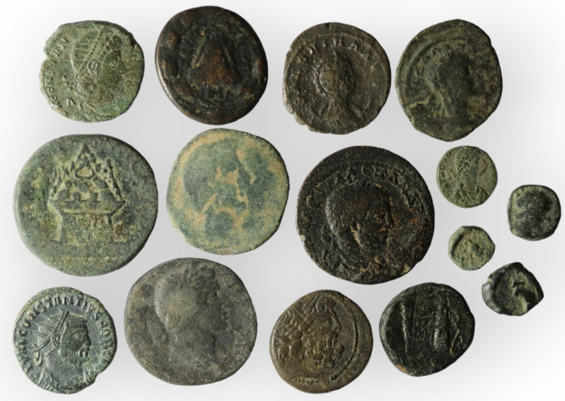 Lot of 15 ancient bronze coins. sold as seen, no return.