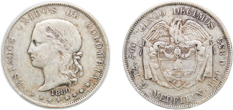 Colombia United States of Colombia 1880 5 Décimos Silver (.835) Medellin Mint (4...