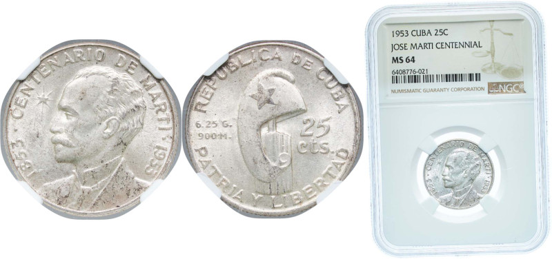 Cuba First Republic 1953 25 Centavos (José Martí) Silver (.900) Philadelphia Min...