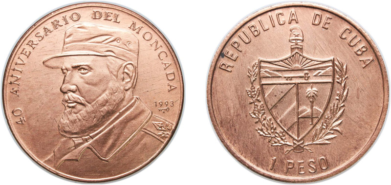 Cuba Second Republic 1993 1 Peso (40th. Moncada Anniversary) Copper Havana Mint ...