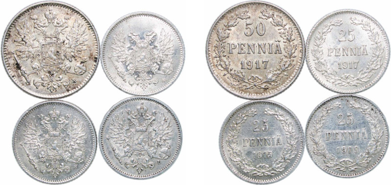 Finland Grand duchy 1909-1917 Pennia - Nikolai II (4 Lots) Silver (.750) Helsink...