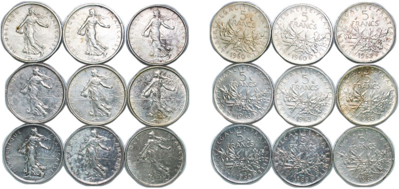 France Fifth Republic 1960-1963 5 Francs (9 Lots) Silver (.835) Paris Mint AU