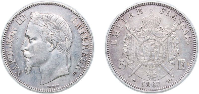 France Second Empire 1868 BB 5 Francs - Napoleon III Silver (.900) Strasbourg Mi...