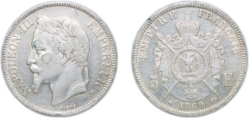 France Second Empire 1869 BB 5 Francs - Napoleon III Silver (.900) Strasbourg Mi...