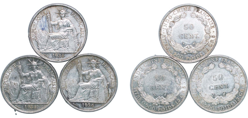 French Indochina French colony 1936 50 Cents (3 Lots) Silver (.900) Paris Mint (...