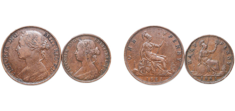 Great Britain United Kingdom 1861-1882 Penny - Victoria (2 Lots) Bronze VF