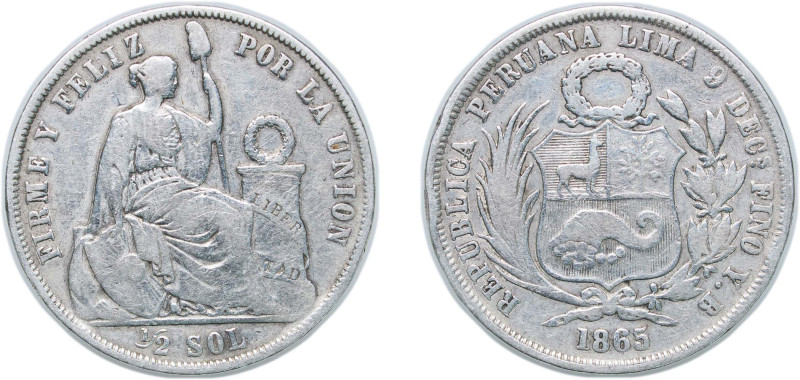 Peru Republic 1865 YB ½ Sol Silver (.900) Lima Mint 12.15g VF KM 195