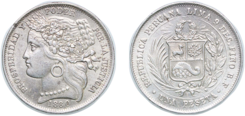 Peru Republic 1880 BF 1 Peseta Silver (.900) 5g AU KM 200