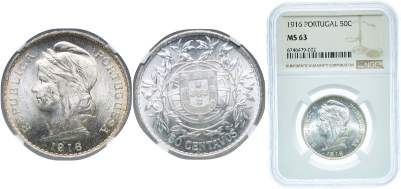 Portugal First Republic 1916 50 Centavos Silver (.835) Lisbon Mint (5080000) 12....