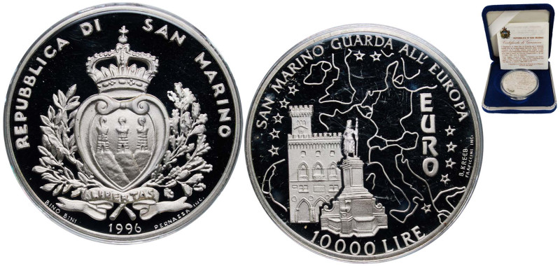 San Marino Republic 1996 10 000 Lire (Euro) Silver (.835) Rome Mint (33000) 22g ...