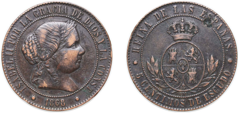 Spain Kingdom 1868 OM 5 Centimos de Escudo - Isabel II Bronze Barcelona Mint 12....