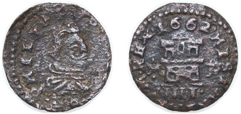 Spain Kingdom 1662 M R 4 Maravedis - Felipe IV (Tall bust) Copper Trujillo Mint ...