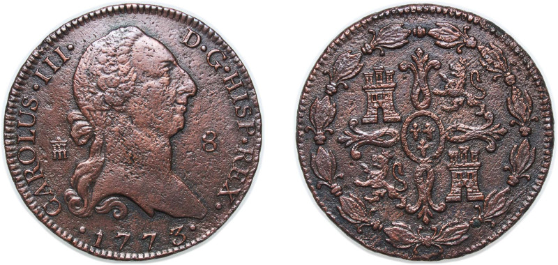 Spain Kingdom 1773 8 Maravedis - Carlos III Copper Segovia Mint 11.2g VF KM 408