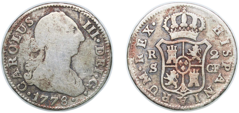 Spain Kingdom 1778 S CF 2 Reales - Carlos III (2nd type) Silver (.813) Seville M...