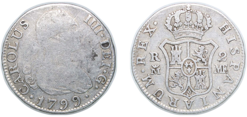 Spain Kingdom 1799 M MF 2 Reales - Carlos IV Silver (.806) Madrid Mint 5.8g VF K...