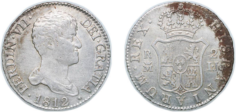 Spain Kingdom 1812 M IJ 2 Reales - Fernando VII Silver (.812) Madrid Mint 6.05g ...