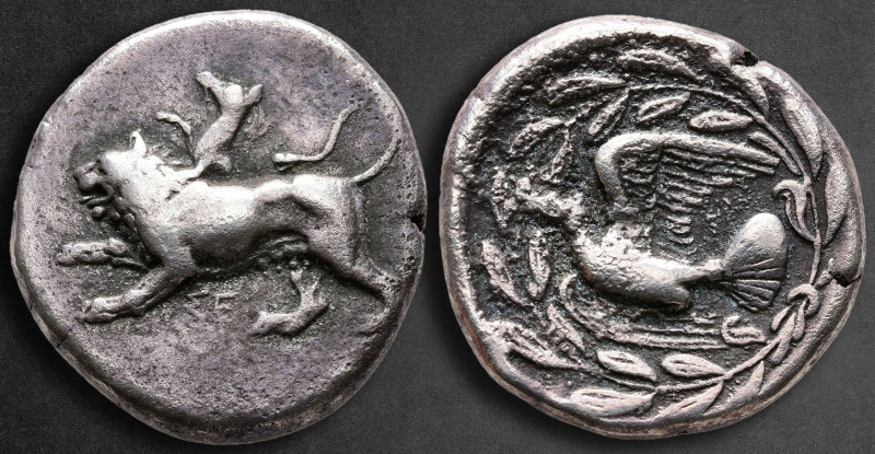 Sikyonia. Sikyon circa 431-400 BC. 
Stater AR

25 mm, 12,01 g

Chimaera sta...