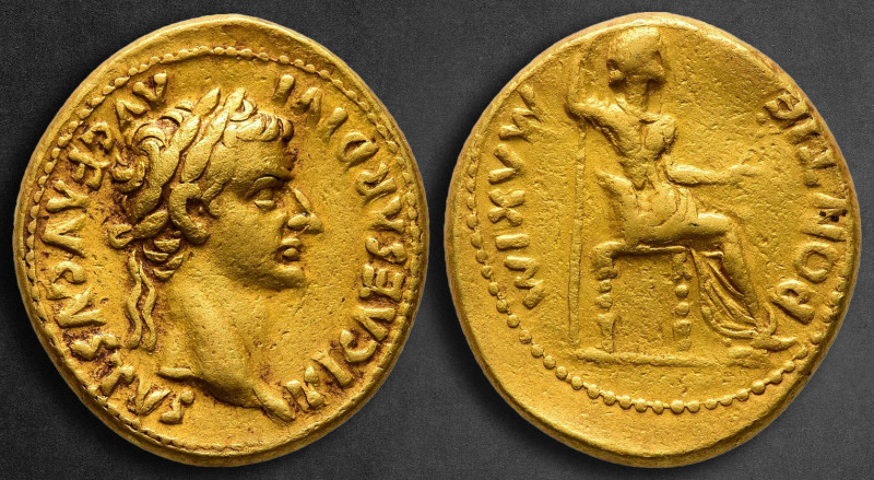 Tiberius AD 14-37. Lugdunum (Lyon)
Aureus AV

20 mm, 7,79 g

TI CAESAR DIVI...