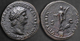 Nero AD 54-68. Lugdunum (Lyon). Dupondius Æ