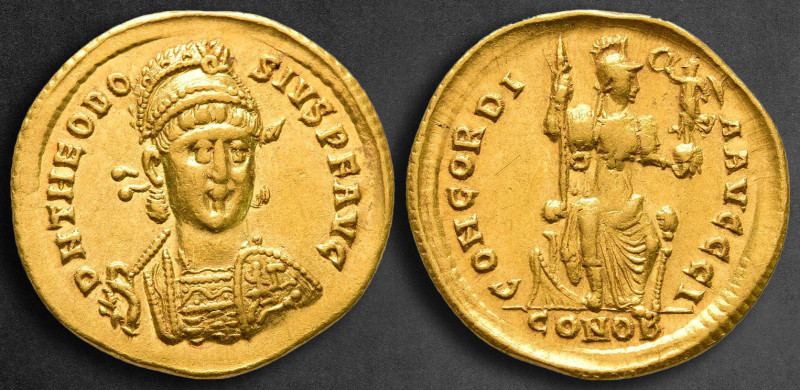 Theodosius II AD 402-450. Struck AD 402-403. Constantinople
Solidus AV

20 mm...