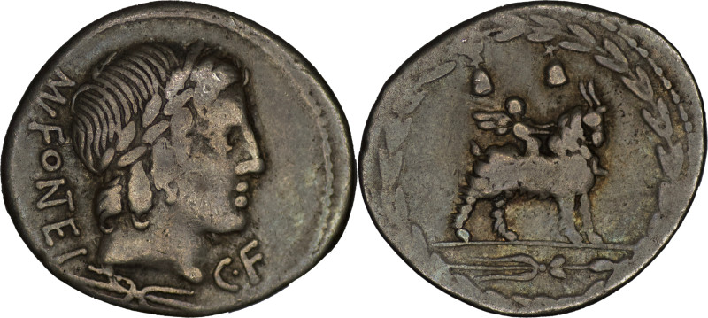 Roman Republic. Mn. Fonteius C.f,. AR Denarius 85, (3.71g/ 18mm) MN·FONTEI Laure...