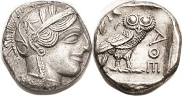 ATHENS, Tet, 449-413 BC, Athena head r/owl stg r, S2526; EF, a tiny bit off-ctr with nose at edge of flan but most of helmet crest present, which many...