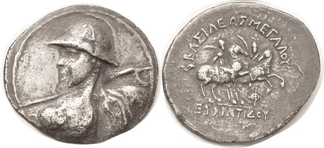 BAKTRIA, Eukratides I, 171-135 BC, Tet, Heroic bust left in helmet, thrusting sp...