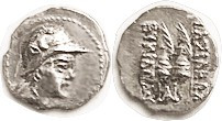 BAKTRIA Eukratides I, 171-135 BC, Obol, Helmeted hd r/caps of the Dioscuri, monogram; AEF, nrly centered, strong detail incl on rev caps; very small e...