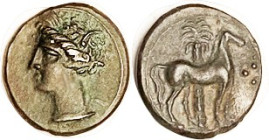 CARTHAGE, Æ17, 3rd cent BC, Tanit head l./Horse stg r, palm tree behind, 3 pellets in front; Choice AEF/VF+, well centered & struck, smooth greenish p...