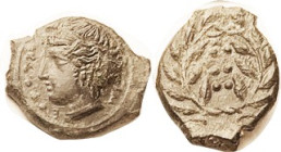 HIMERA, Æ15x18, 420-408 BC, Hemilitron, Nymph head l, 6 pellets/ 6 pellets in wreath, S1110; AEF/VF, ragged unround flan, dark green patina, strong de...